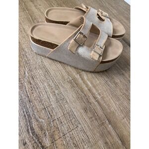 Forever‎ 21 Rhinestone Platform Slide Sandals Tan Beige Double Buckle Size 8